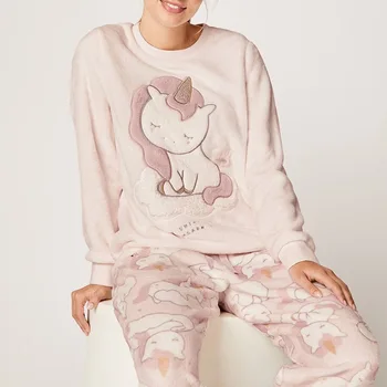  QWEEK Пижамный комплект с единорогом За жени Фланелевая зимна пижама Домашно облекло за почивка Пижами Пижама 2 бр Брючные костюми