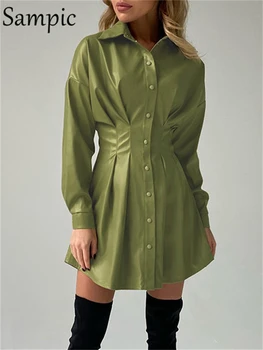  Sampic Изкуствена дамски кожени Секси парти с дълъг ръкав Клуб, мини-рокля трапецовидна форма 2021 Есен-зима Пречка модно зелена рокля-риза