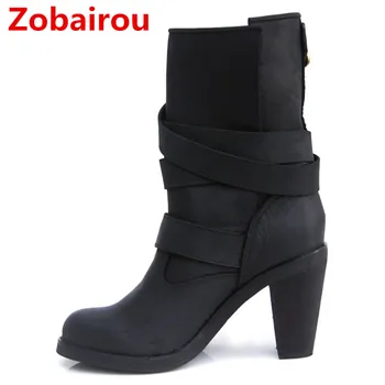  Sapato feminino черен кафяв естествена кожа масивни, високи токчета ботас с катарама на ремешке западните каубойски ботуши дъждовни ботуши дамски обувки