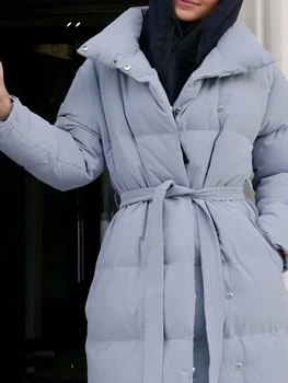  Simplee светло синя елегантна дамско зимно яке дантела, палто с елегантна кожена подплата, с дълги ватирани палта, топло модни покет дами парк 2021
