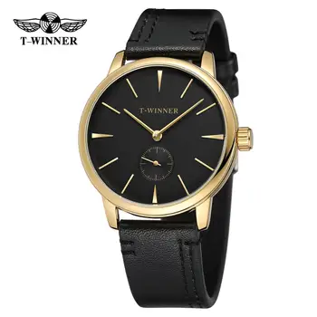  T-WINNER Модни прости ежедневни мъжки и дамски часовник черен циферблат златен корпус черна кожена каишка автоматични механични часовници
