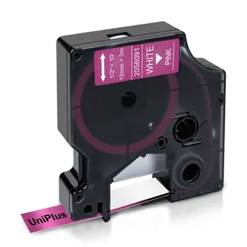  UniPlus 12 мм Лъскава Этикеточная лентата Заменя Принтер за Етикети Dymo D1 Бял в блестяща розова Лента 2056091 12 мм за Dymo MobileLabeler 120P