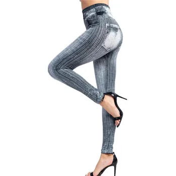  VISNXGI Секси дамски еластични панталони с висока талия Спортни гамаши за фитнес, дънки от изкуствена деним, Тренировка във фитнеса, бягане, панталони на райета с лицеви апом
