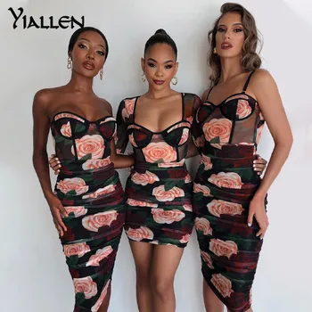 Yiallen Цветен принт Мозайка женствена мини рокля с дълъг ръкав и рюшами Дебнещ сексуално улично есенно-зимния клуб, елегантна тънка горещо