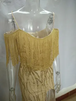  YiMinpwp Блестящи златни вечерни рокли на Русалка Спагети със странична цепка Илюзия Leaf Шапки с пайети Дълга рокля за бала на известни личности