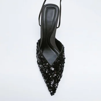  Zar 2022 Сини обувки на токчета с пайети Дамски обувки Черни обувки на токчета с джапанки на щиколотке Дамски сандали, Шикозни обувки на токчета с остри пръсти за жени