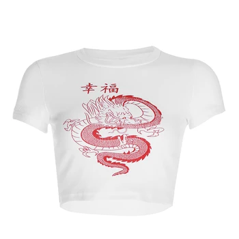  Бели дамски тениски с принтом дракон Ежедневни базова тениска в китайски стил Дамска тениска Harajuku с къс ръкав Потник