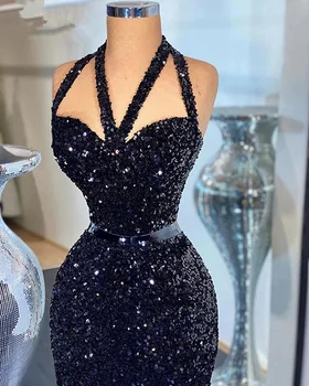  Блестящи пайети Секси черни и дълги рокли за абитуриентски бал 2021 с отворен гръб в Дубайском стил Вечерни рокли за партита, за жени, Елегантни рокли за бала