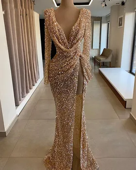  Блестящи рокли за бала с пайети 2021 с дълъг ръкав Секси с висока цепка, V-образно деколте Русалка Розово злато Дубай Дамски официални рокли