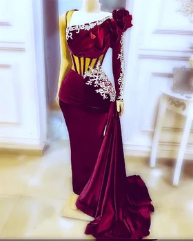 Бордовое арабското бархатное вечерна рокля Русалка с аппликацией Вечер дълго мюсюлманската вечерна рокля за Абитуриентски рокли Алжирски облекло