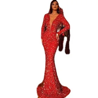  Вечерна рокля BAZIIINGAAA 2021 зимата нова рокля, рибя опашка червена блестяща рокля с дълги ръкави и v-образно деколте robe de soirée femme SC8802