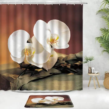  Виолетово-Бяла Орхидея Набор от Завеса за душ Подложка За баня Phalaenopsis Цвете Растения Природа Завеси Начало Декор Баня Противоскользящий килим
