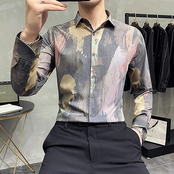  Висококачествена тениска с цветен модел, с дълъг ръкав, мъжки Ежедневни риза с копчета, тънки мъжки ризи с принтом, Блузи, Азиатски размери, Модни дрехи за мъже