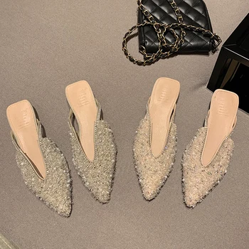  Генитални дамски чехли с кристали и мъниста, Ежедневни обувки-лодки на ниски обувки, мокасини върху плоска подметка, кристални плажни обувки, чехли vc873
