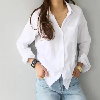  Дамски бели ризи и блузи от 2021 година с дълъг ръкав Ежедневна блуза с отложным яка в стил ДР Върховете Дамска мода копчета Blusas Mujer