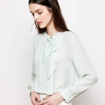  Дамски коприна блуза ЕСТЕСТВЕН КОПРИНЕН КРЕП с яка-лък Блузи за жени Блуза с дълги ръкави Риза 2019 Пролет Офис дамски блуза