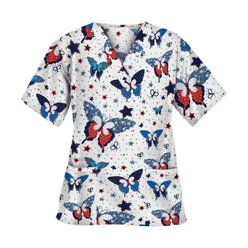  Дамски модни Блузи с къс ръкав и деколте Работна униформи-Блуза, Риза Сладък принт пеперуди Ексфолианти за хранене Върховете Тениска Ежедневни 2021