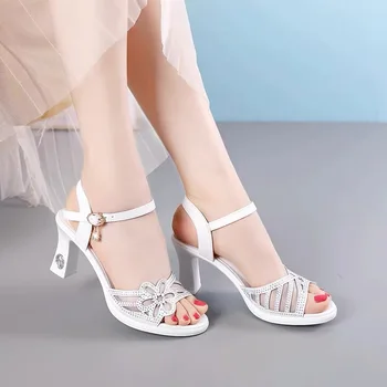  Дамски сандали, Класически кристални кожени обувки с дебел ток с каишка и катарама Черно Бяла Лятна модни дамски обувки на платформа