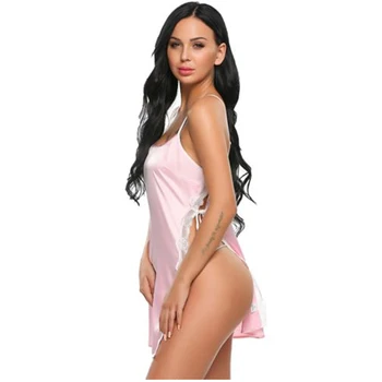  Дамски секси сатен с копринени пижами Риза, Завързана дреха за сън Секси рокля с цепка отстрани Пижами Секси рокля Пижами 2021