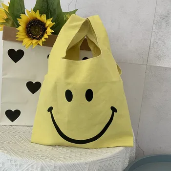  Дамски чанта от Корейска училищна чанта кофа Проста Сладка Усмивка Ежедневни Холщовая чанта за пазаруване Гореща разпродажба Студентски малки джобни чанти
