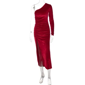  Дебнещ рокля за жените плиссированное ярка коприна с едно рамо Червено Есента и пролетта елегантно модно вечерна рокля за рождения ден 2022 Ново