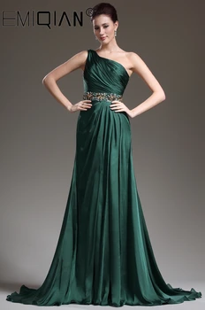  Дълги вечерни рокли с Трапецовидна форма с едно рамо мъниста Шифоновые вечерни рокли за абитуриентски бал, Тъмно зелен vestido de noite