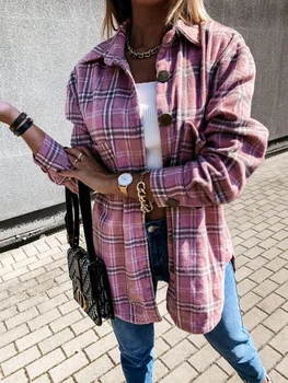  Едрогабаритните женски каре Якета, ризи с дълъг ръкав Дамски блузи на Горно облекло 2021 Пролет Есен Свободни женски смес Каре копчета Палто