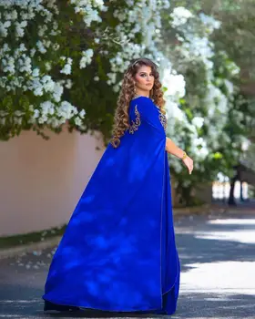  Елегантен Марокански Кафтан Вечерни рокли, Дълги 2022 Златна апликация на Сини Мюсюлманската жена вечерна рокля Дубай Саудитска Арабската Вечерни рокли EV62