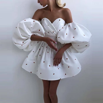  Елегантна сладка мини рокля с пищни ръкави Дамска мода с отворен гръб Дама плиссированное Секси рокля с открити рамене и без презрамки вечерна рокля Vestido