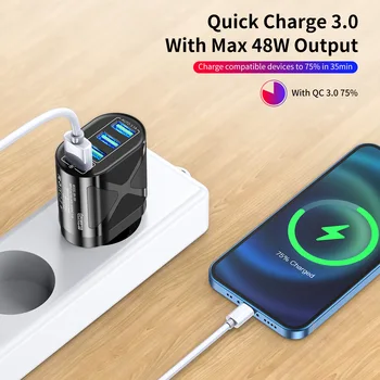  ЕС/САЩ/Великобритания Включете USB зарядно устройство 3A Quik Charge 3.0 Зарядно устройство за мобилен телефон, 4 Порта 48 W Бързи Стенни Зарядни за iPhone 12 Pro Max Xiaomi
