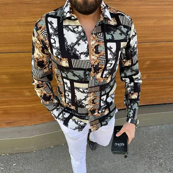  Есен Нова Ретро модел с принтом с дълъг ръкав Тънки ризи, Мъжка мода Върховете на копчета Мъжка риза с отложным яка Градинска облекло