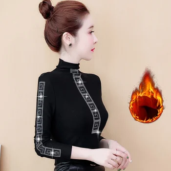  Есенна женска тениска с дълги ръкави 2021 г., Нов корейски полувысокий яка, риза кадифе с дъното, Топ