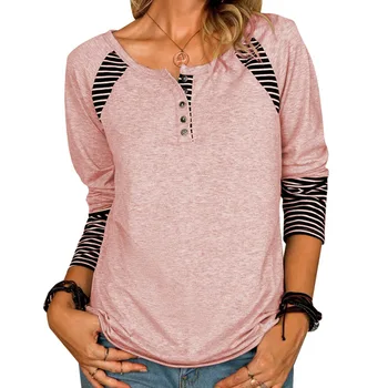  Есенна тениска с принтом райе, дамски ежедневни тениска с дълъг ръкав и кръгло деколте, върховете на копчета, модерен изработена пуловер, директен тениска