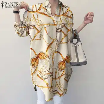  Есенни женски печатни Blusas Женска риза с ревера Офис Ежедневна блуза ZANZEA Модерен ризи Реколта Негабаритная туника с дълъг ръкав