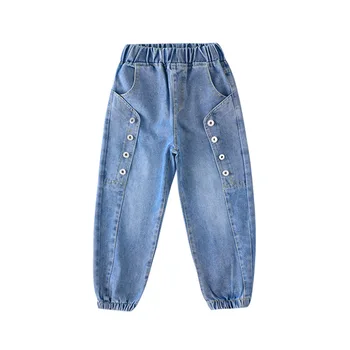  Есенни Нови модерни дънки за момичета с еластична талия, свободни сини дънки, Дизайн на копчета, Универсални дънкови панталони, зреещи 4 6 8 10 12 години