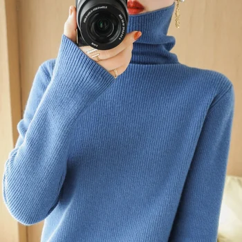  Есента и зимата са нов вълнен пуловер дамски модни Пуловери с високо воротом Женски възли пуловери Случайни пуловер Пуловер женски