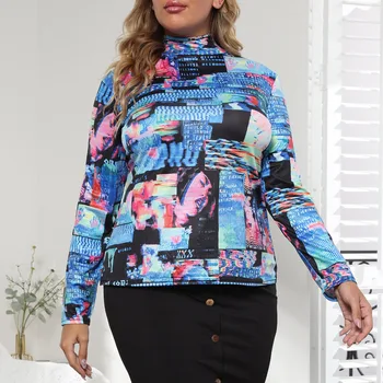  Женска тениска с високо воротом и високо воротом Плюс размера на Дамска мода с 3D принтом с дълъг ръкав Тениски големи размери Върховете F1908