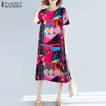  За жени Ежедневното Макси рокля с къс ръкав 2021 Ретро с геометричен принтом сарафан Годишният бохем О-образно деколте Кафтан Извънгабаритни Vestidos хавлия