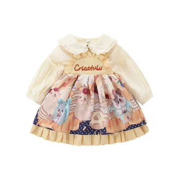  За малки момичета Сладка Принцеса Лолита Комплект дрехи за малки деца Детски есенни Блузи с дълги ръкави Риза+Рокля с принтом от анимационен филм