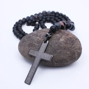  За мъжете матиран черен оникс от мъниста Огърлица Кръст Висулка Иисусова Молитва Огърлица За жени и За мъже Религия Бижута Дропшиппинг