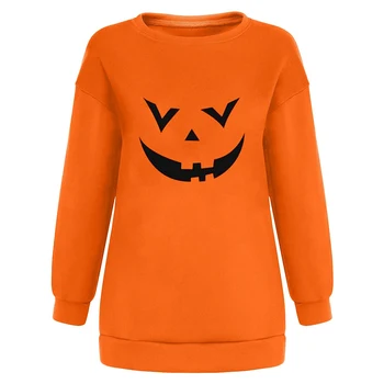  Забавна тыквенная гримаса с принтом Дамски блузи, Пуловери с дълги ръкави Femme Orange hoody Градинска облекло Хелоуин Подарък върховете