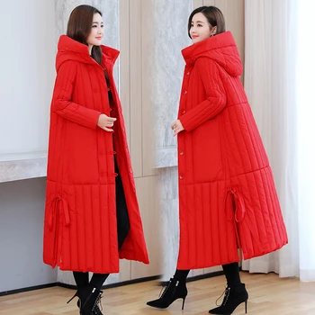  Зима 2021 Нов Корейски стил Свободна дамско яке пуховик от памук Дълго палто от Дебел парка с качулка Ветрозащитная топло дамски однотонная на горно облекло