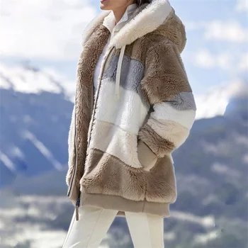  Зимно дамско яке Топло плюшен Ежедневни Свободна яке с качулка Смесени цветове Лоскутная зимна горна дреха от изкуствена кожа с цип Дамско сако, палто