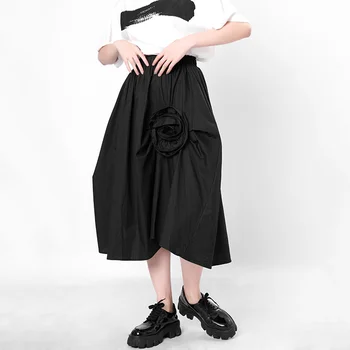  [ИАЛ] Високо еластична талия Апликация накъдрен Свободна Черна раирана пола до половината на тялото Дамска мода Нова Пролет Есен 2022 1DD716401