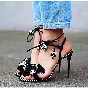  Класически дизайн Бандажные сандали с пискюли за жени с отворени пръсти Многоцветни помпоны с ресни на ремешке Обувки на висок ток Дамски секси обувки за партита
