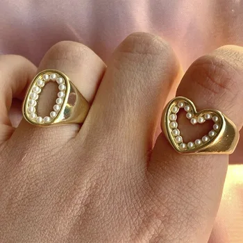  Корейски окачване 2 бр. Пръстени с перли във формата на сърце за жени Реколта Harajuku Прости модни пръстени Y2K Бижута на 90-те години Естетически подаръци Нови