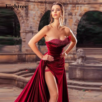  Кралицата на Вино-червен цвят без ръкави, Скъпа Лъскава вечерна рокля Русалка с дълъг влак Вечерни рокли за бала Вечерна рокля Vestidos de феста