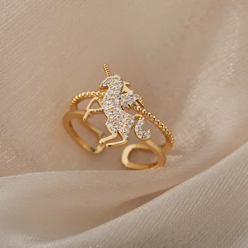  Красиви пръстени със единорогом за жени и момичета, Пръстен с кристал на Цирконий за животните с регулируема отворена белезници на Годежни пръстени, Реколтата, бижута Подарък Bague