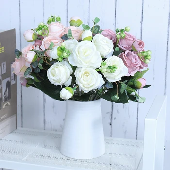  Красиви Рози от Изкуствени Цветя, Високо Качество на Луксозни Сватбени Декорации Копринени Фалшиви Цветя за Дома Бели Аксесоари