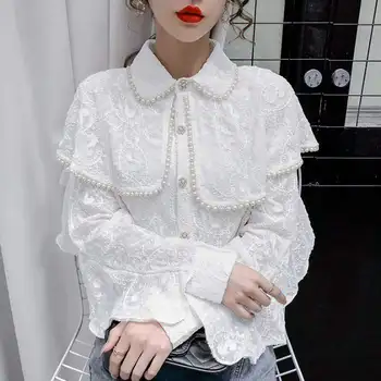  Лейди Ретро beading дантелен топ за жени Френска блуза Лолита с дълъг ръкав-фенерче Придворная тънка риза с Елегантна вечерна сватба офис блуза
